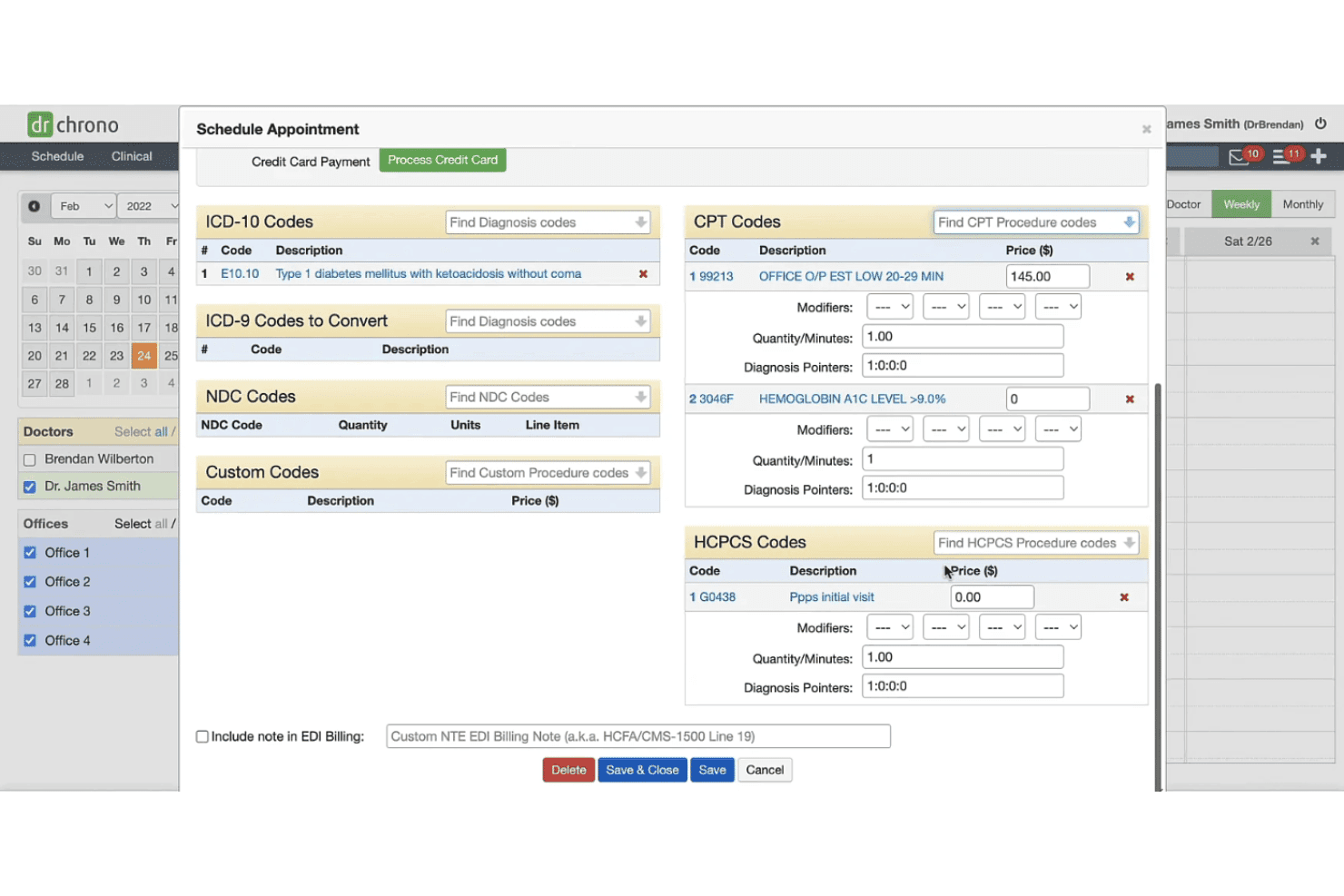 DrChrono's billing and coding screen