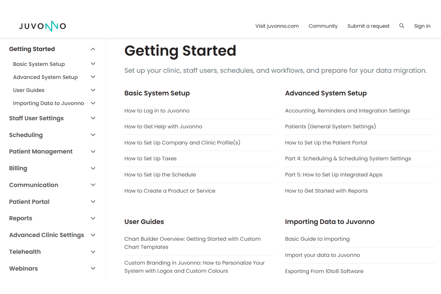 Juvonno help center page with setup guides