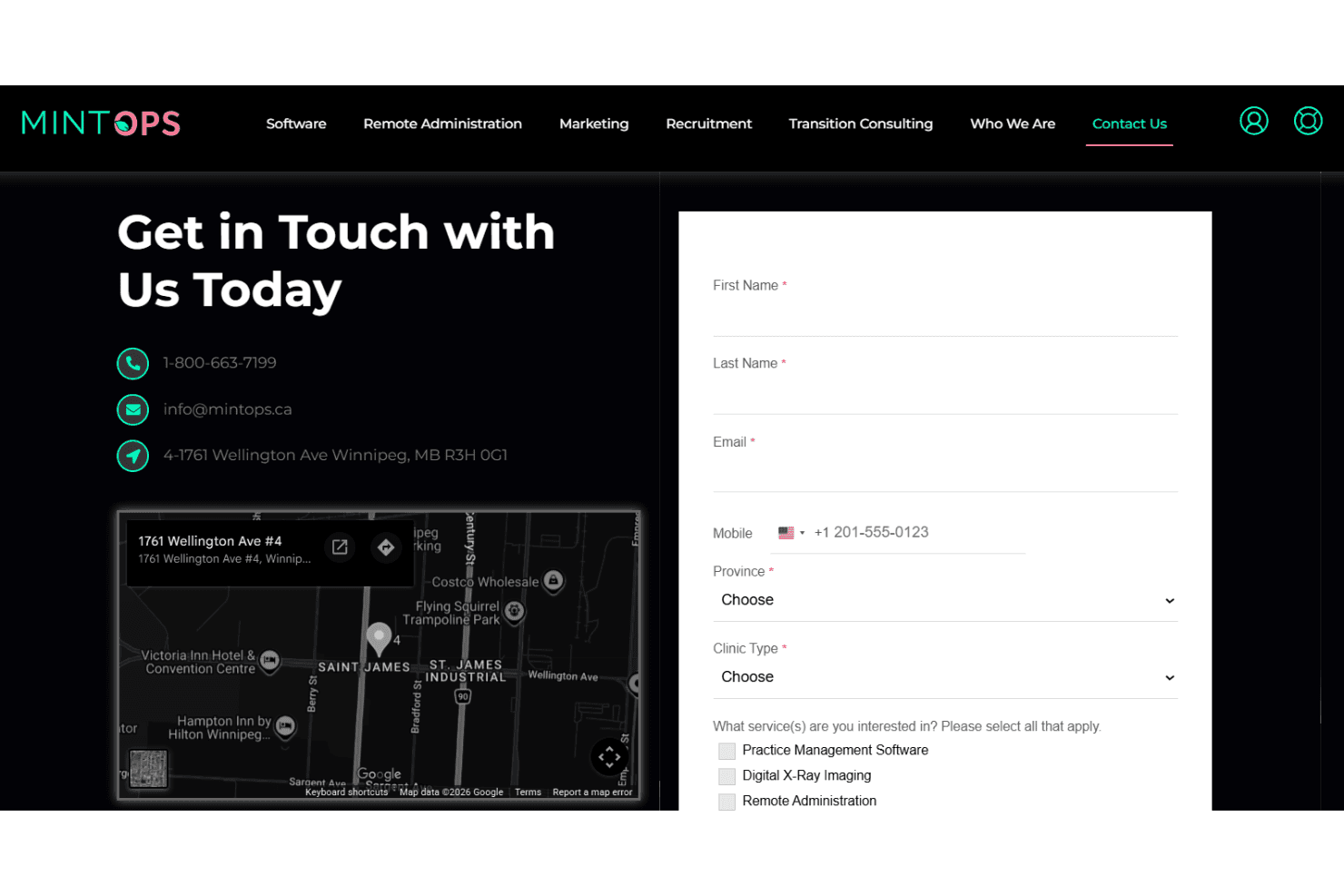 Mint Ops contact page with support details and inquiry form.