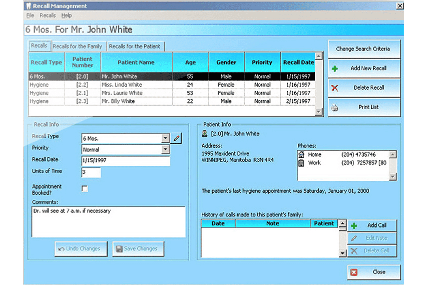 MaxiDent's recall management screen
