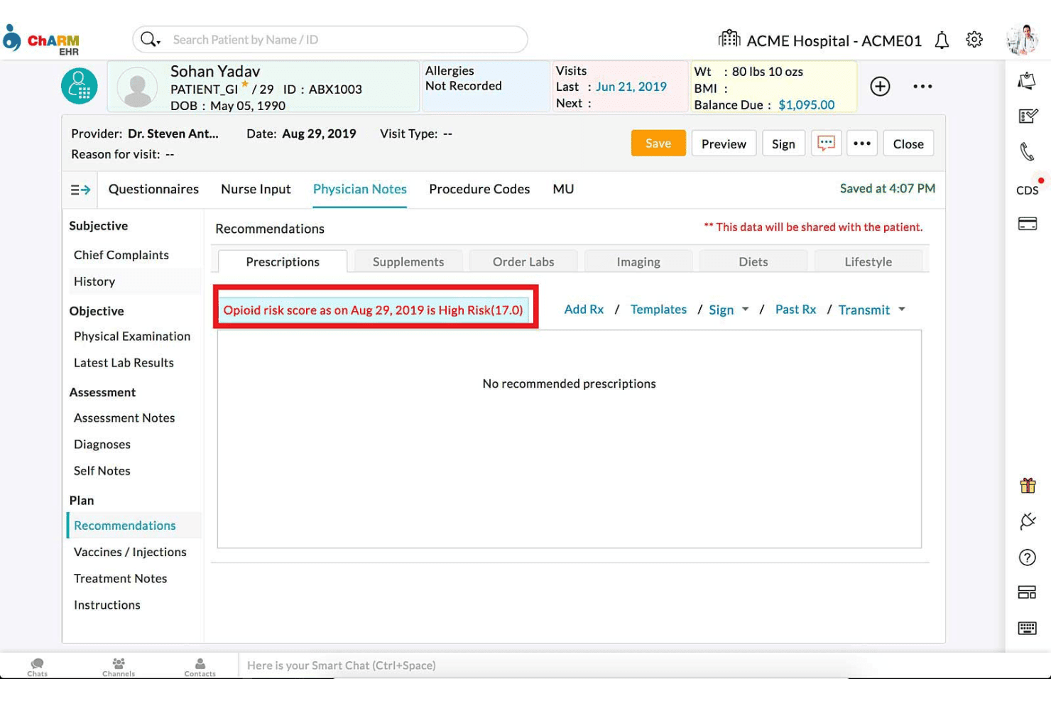 CharmHealth's interface with physician notes, recommendations, and opioid risk alert displayed.
