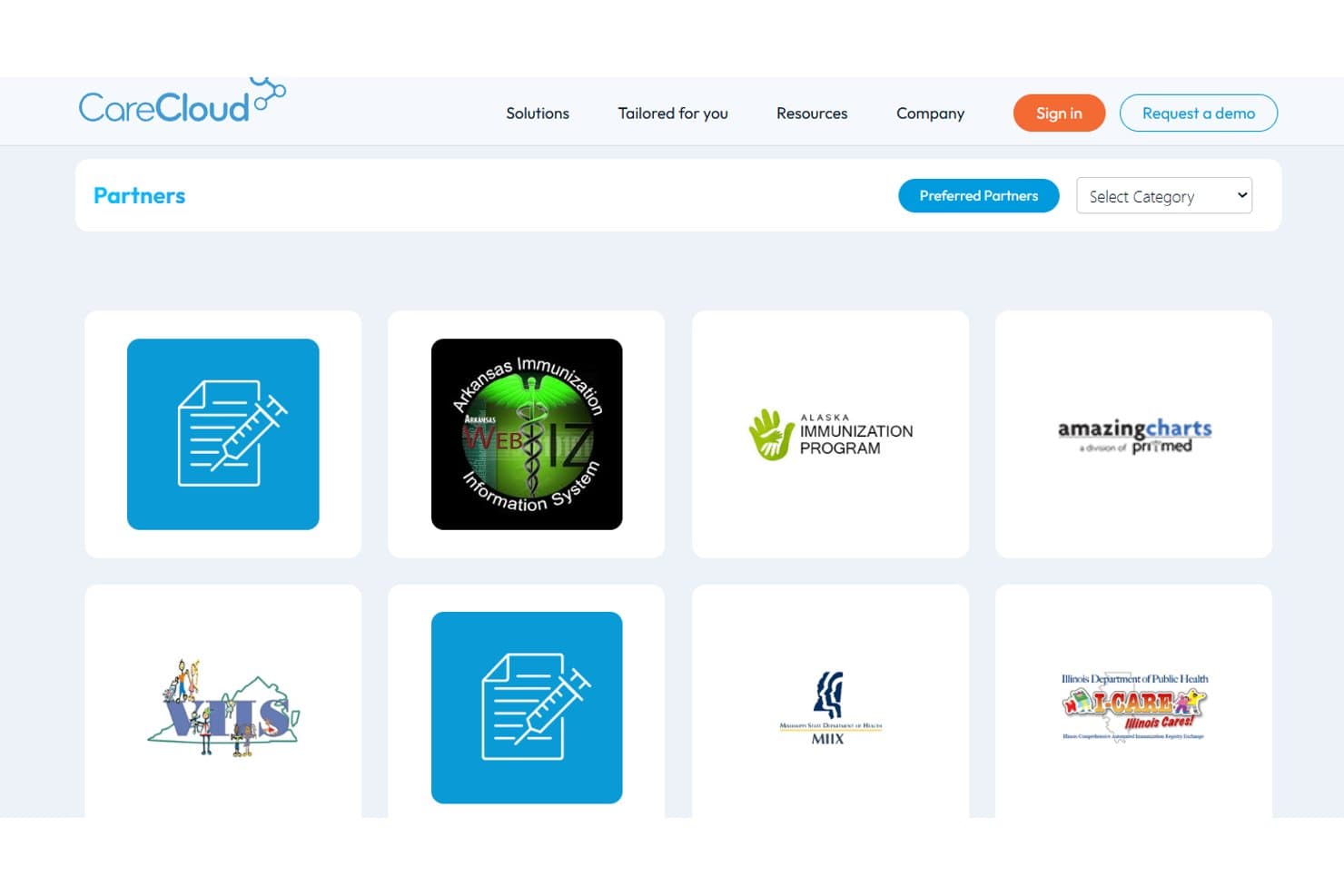 CareCloud Partners page showing immunization program logos and integration partner grid
