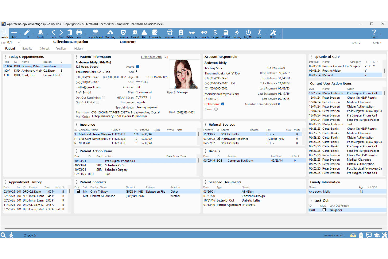 Compulink manages patient records, scheduling, billing, and clinical workflows.