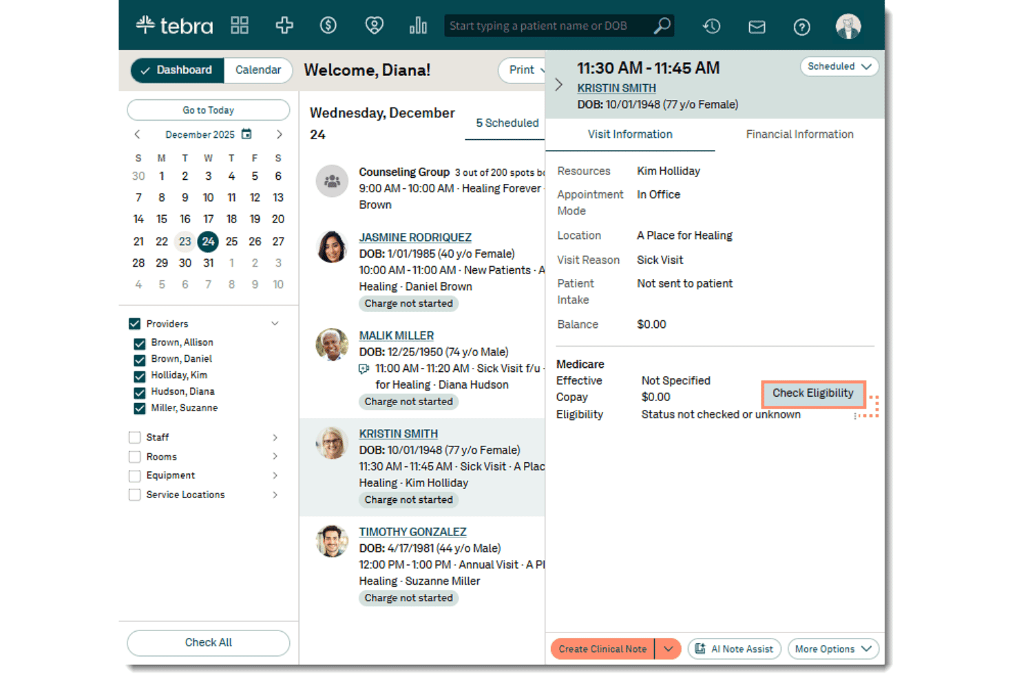 Tebra dashboard showing patient appointment
