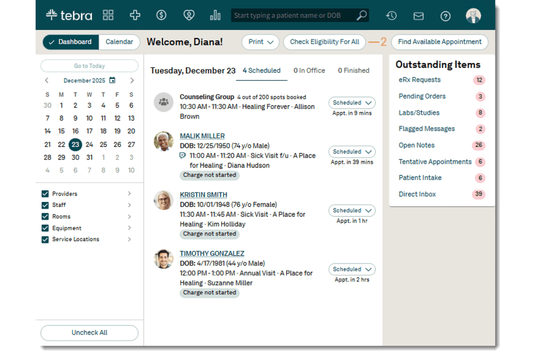 Tebra streamlines scheduling, billing, and patient management.