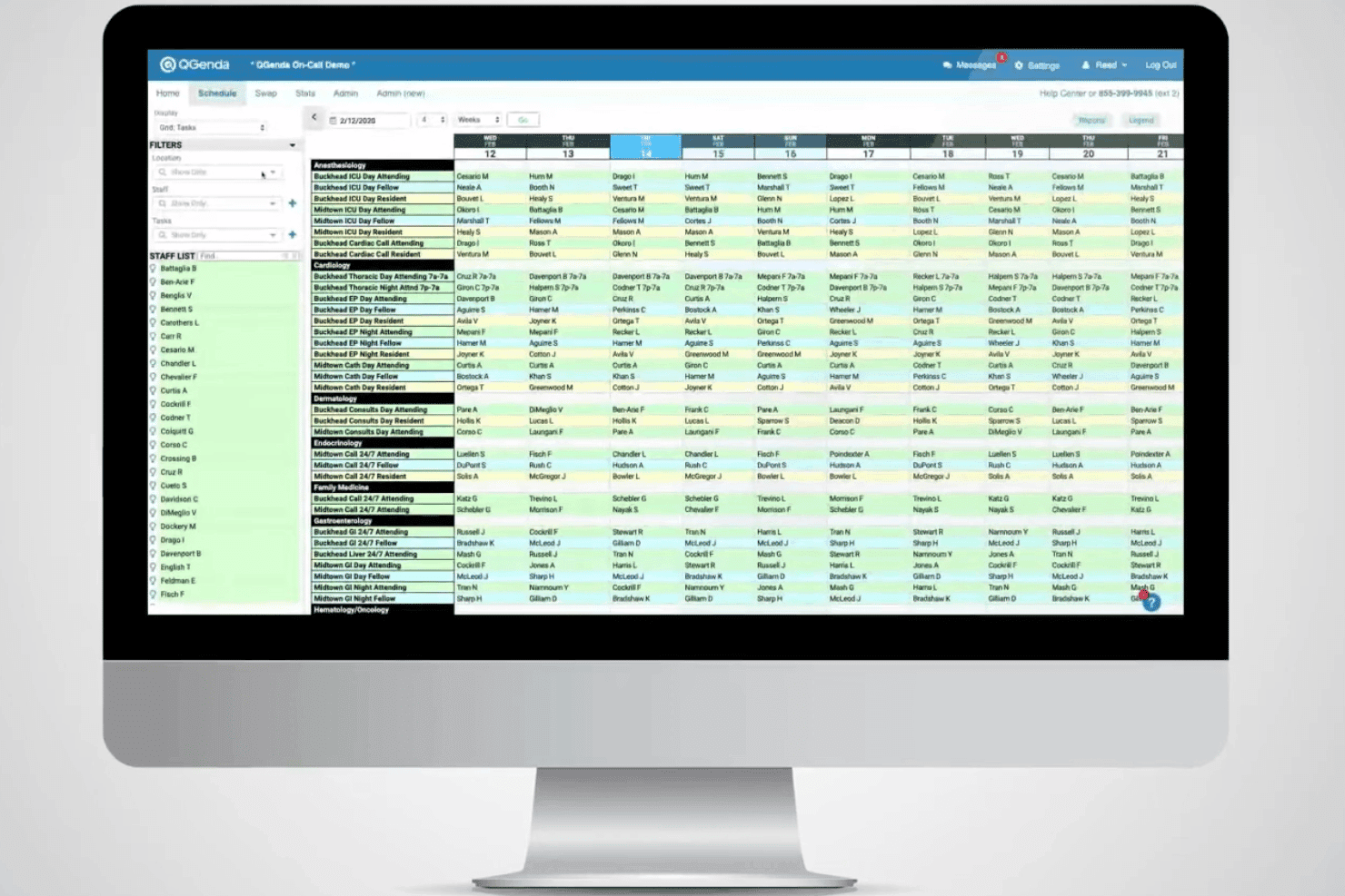 QGenda on-call scheduling interface showing weekly calendar grid with staff assignments and filters
