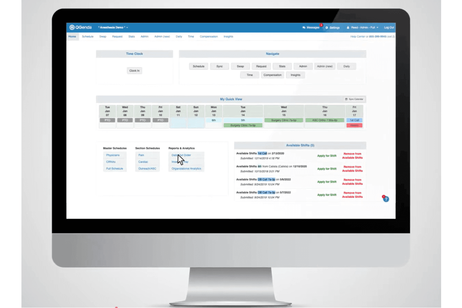 QGenda displays a home dashboard with a time clock, navigation shortcuts, a weekly quick view calendar, master/section schedules, reports and analytics links, and available shifts for staff to apply to.