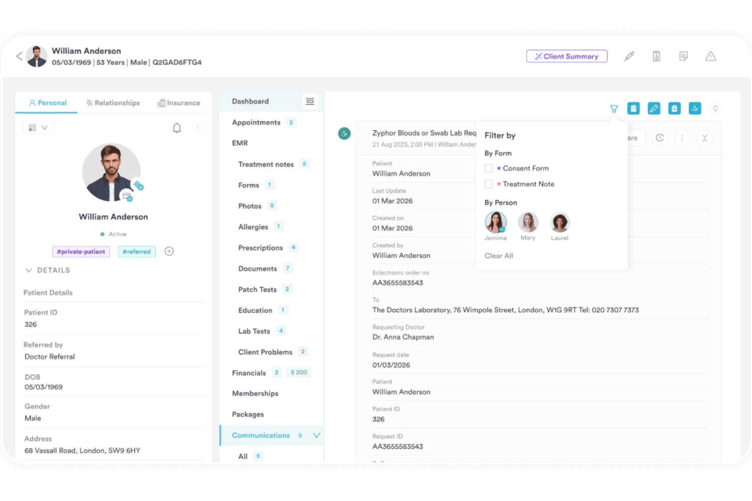 Pabau patient profile dashboard