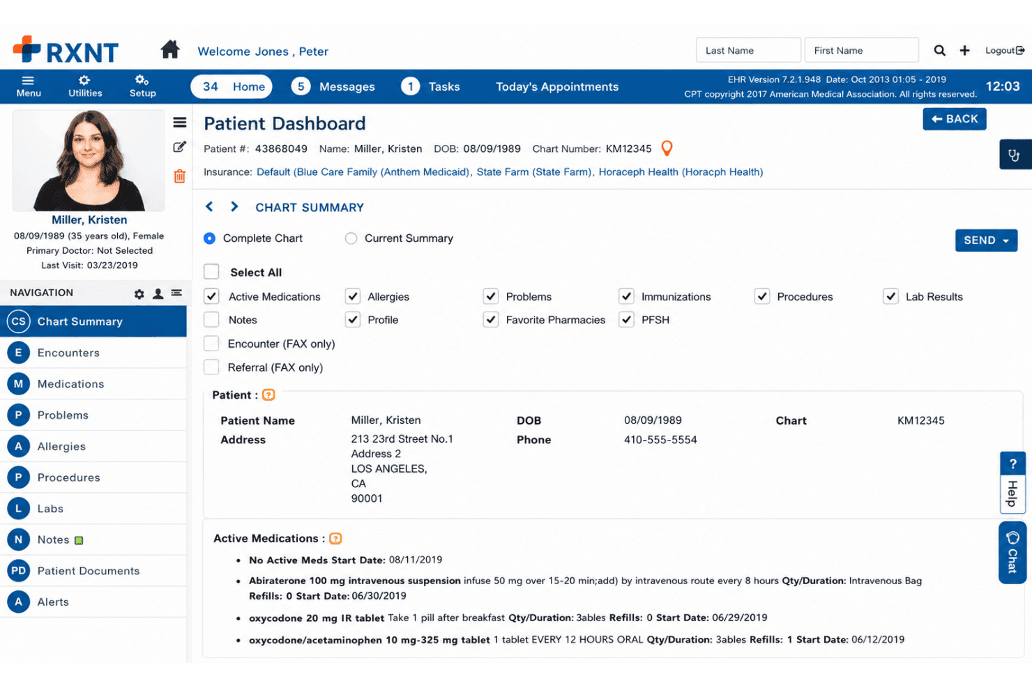 RXNT clinical charting dashboard with custom templates.