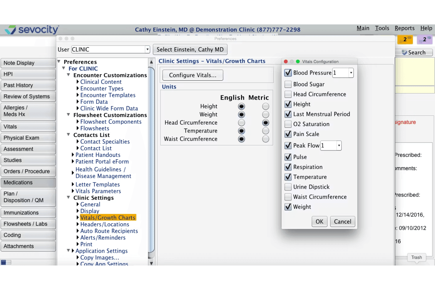 Sevocity settings screen with customizable vitals and growth chart options.