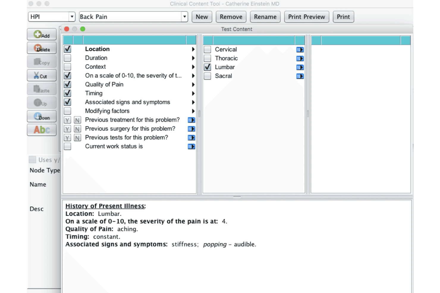 Sevocity clinical content tool with specialty-specific back pain charting template.