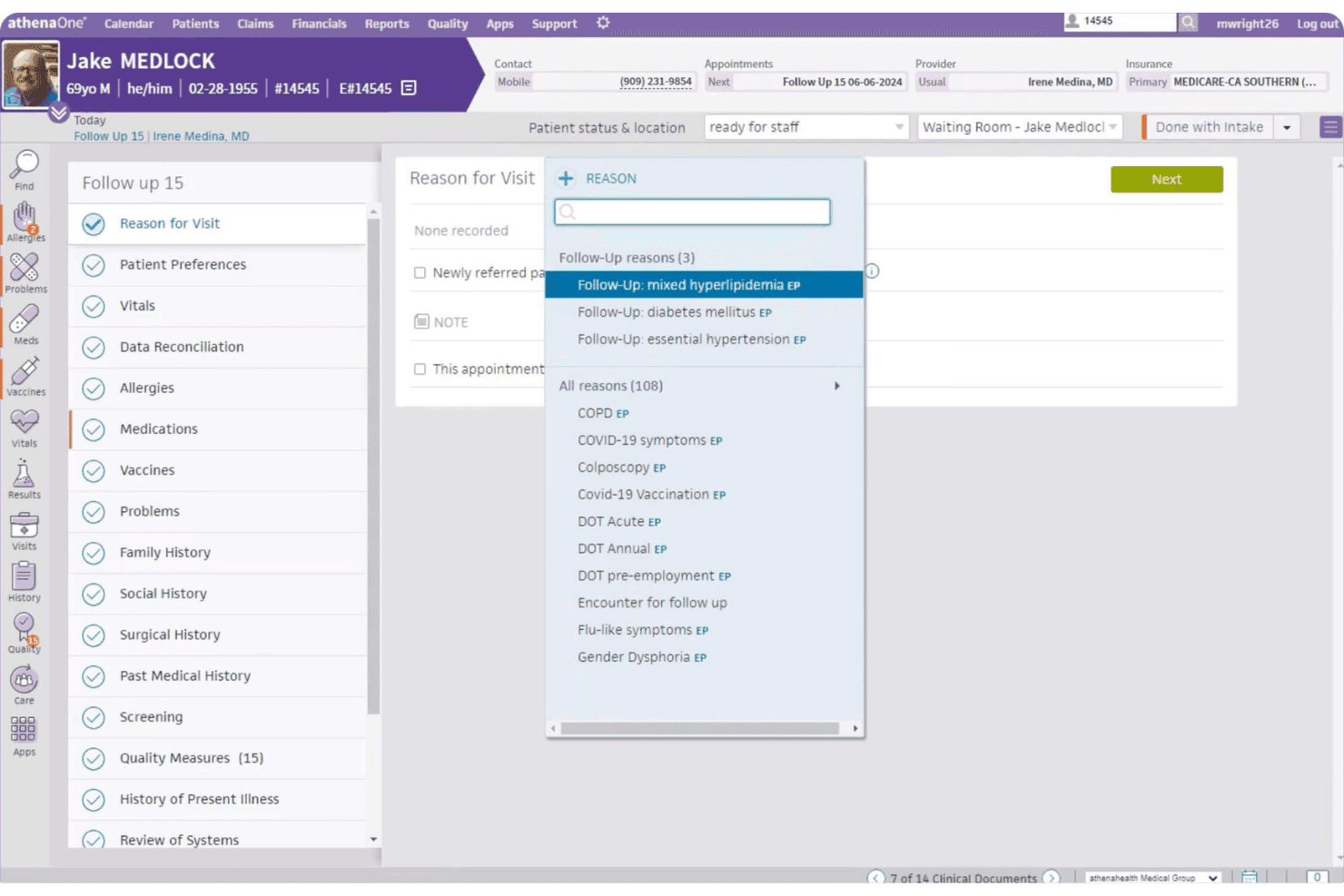 athenaOne displays a dropdown menu for selecting a reason for visit during patient intake, showing follow-up options for conditions like hyperlipidemia, diabetes, and hypertension.