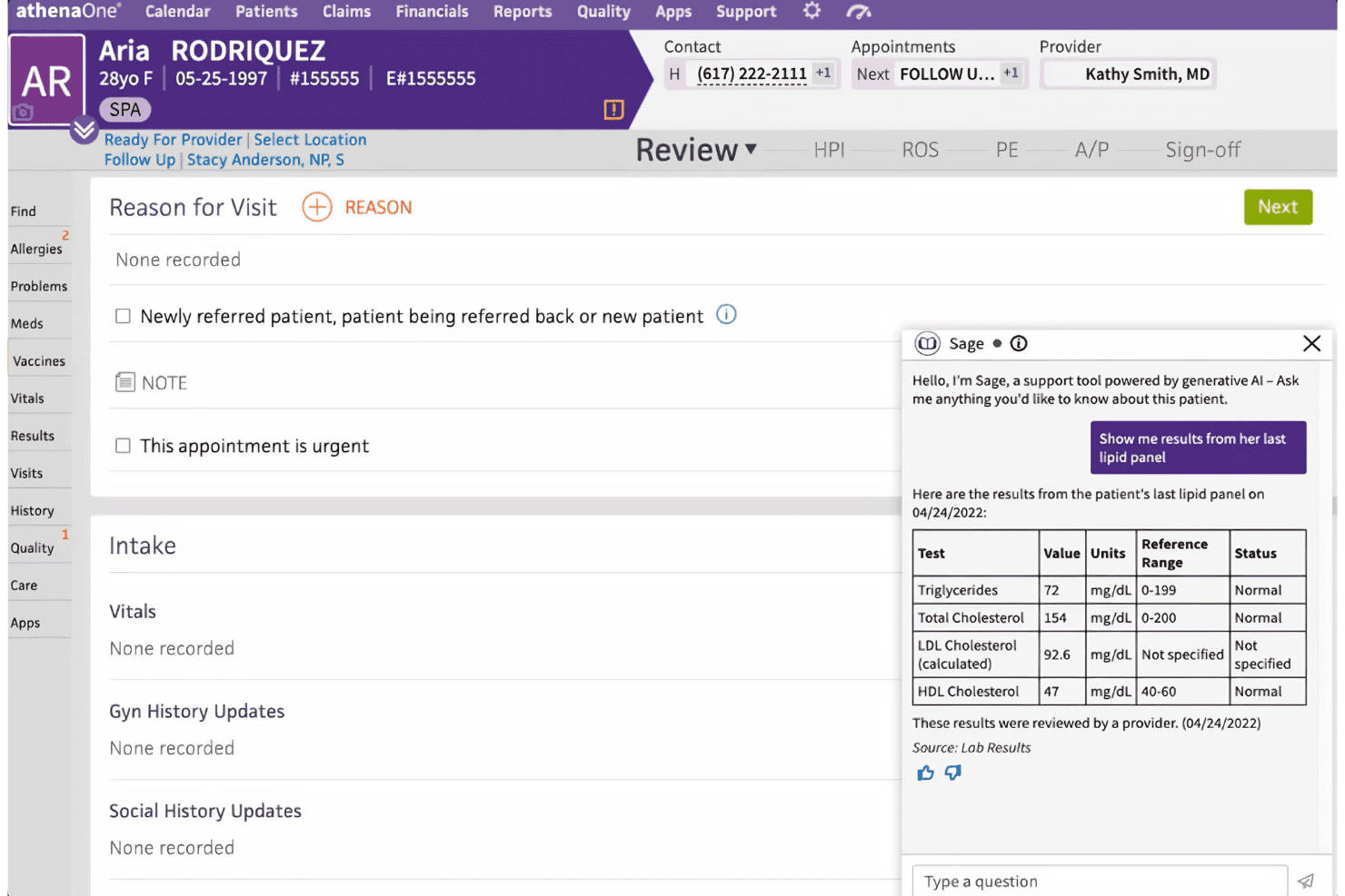 athenaOne EHR interface showing Sage AI chat