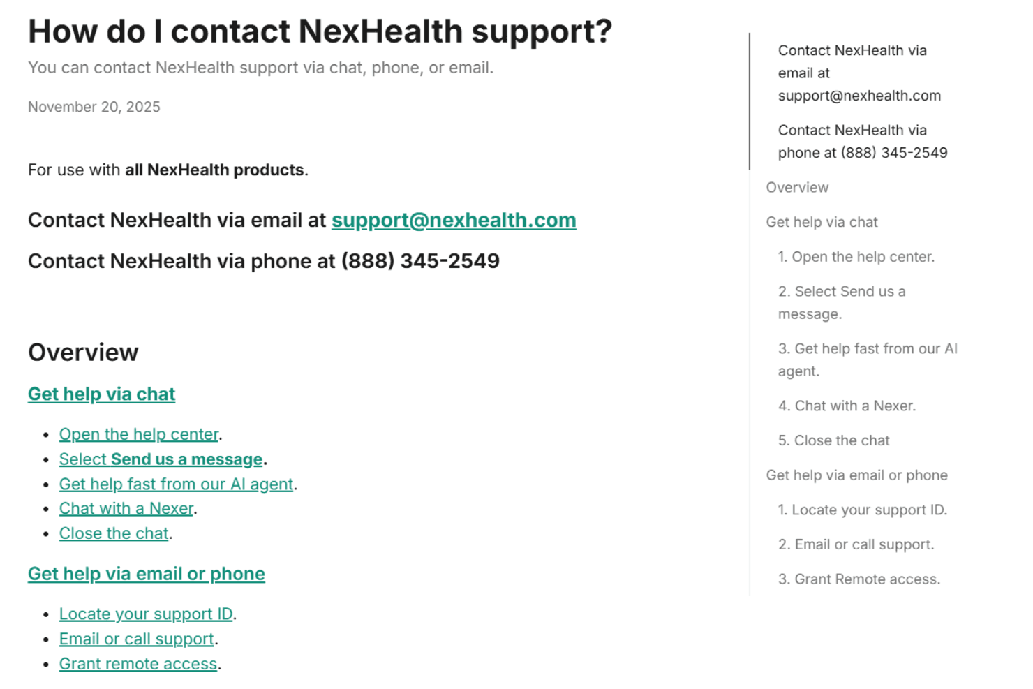 NexHealth support page