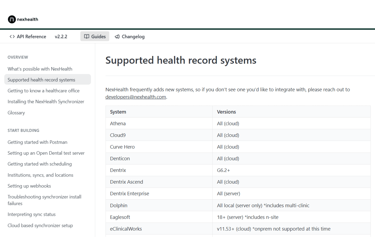 NexHealth API docs showing supported EHR systems list
