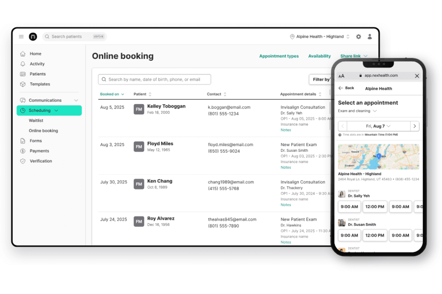 NexHealth online booking dashboard