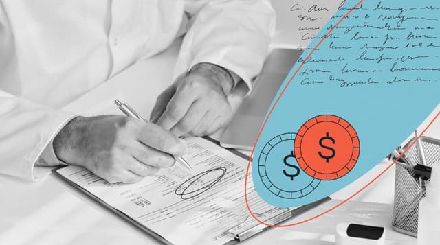 A healthcare professional looks over a patient's bill for medical billing and coding purposes