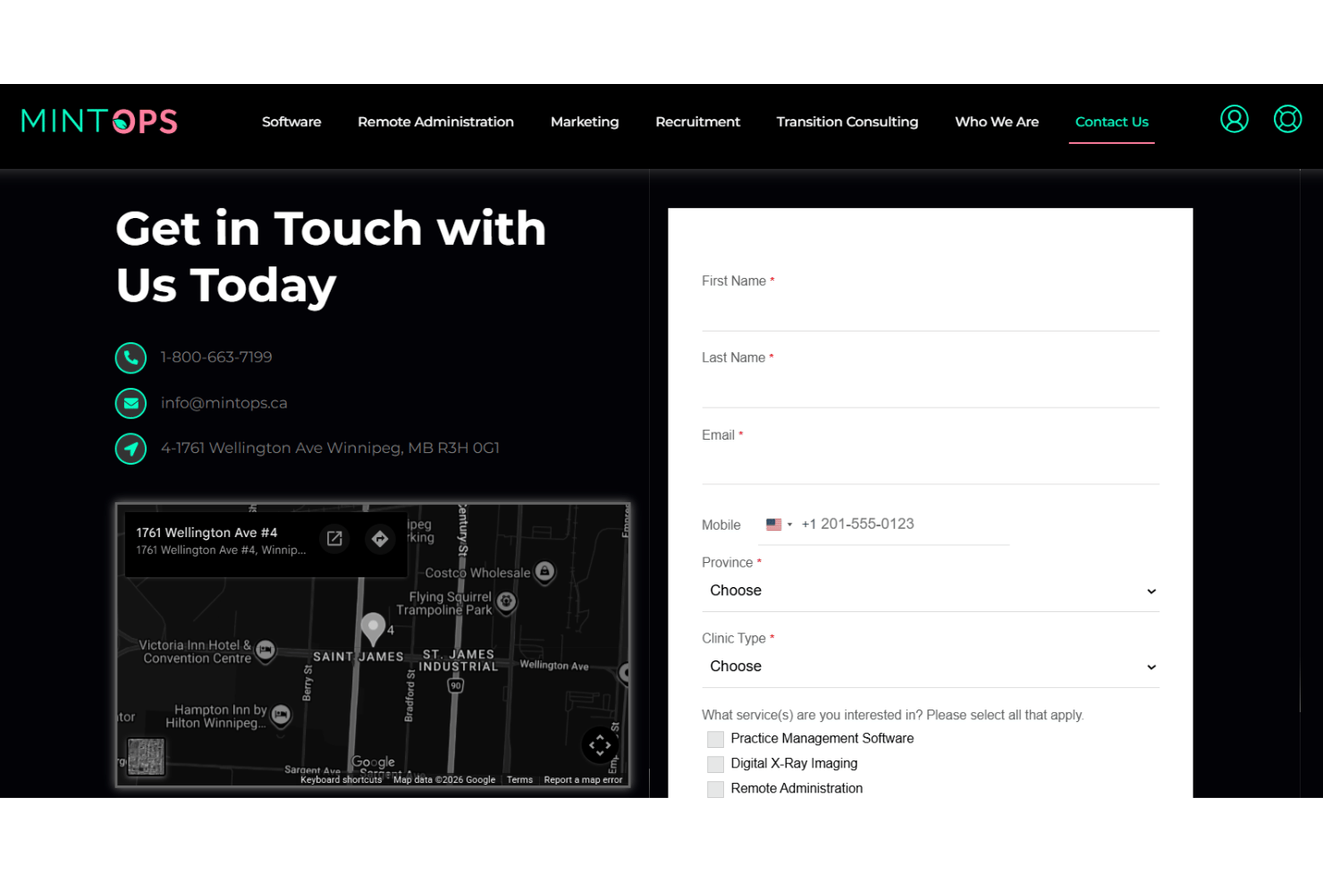 Mint Ops contact page with support details and inquiry form.