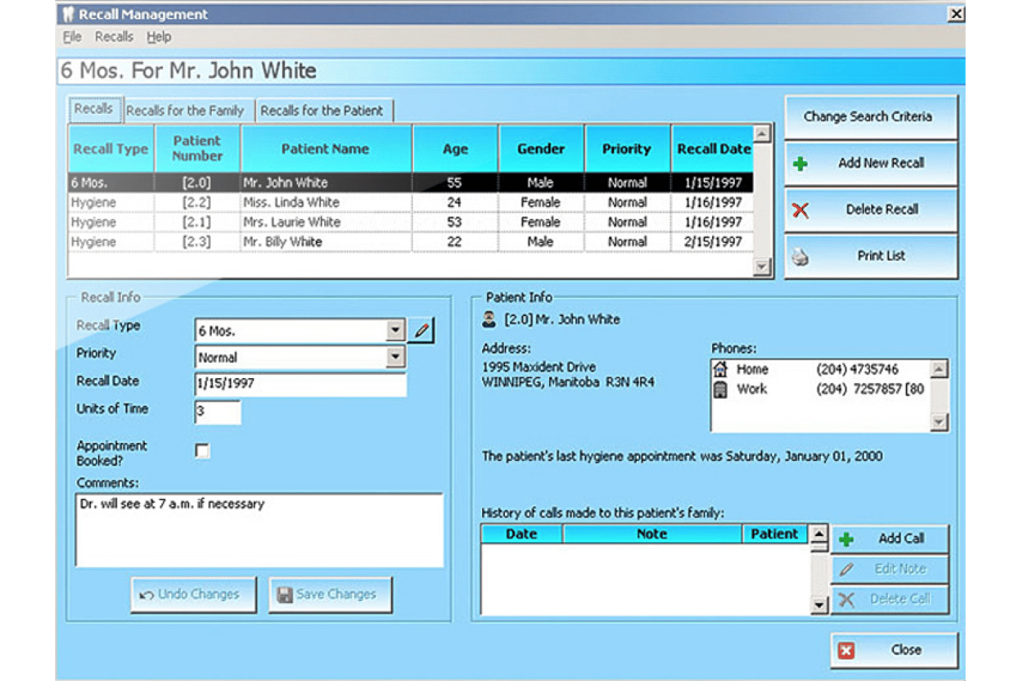 MaxiDent's recall management screen