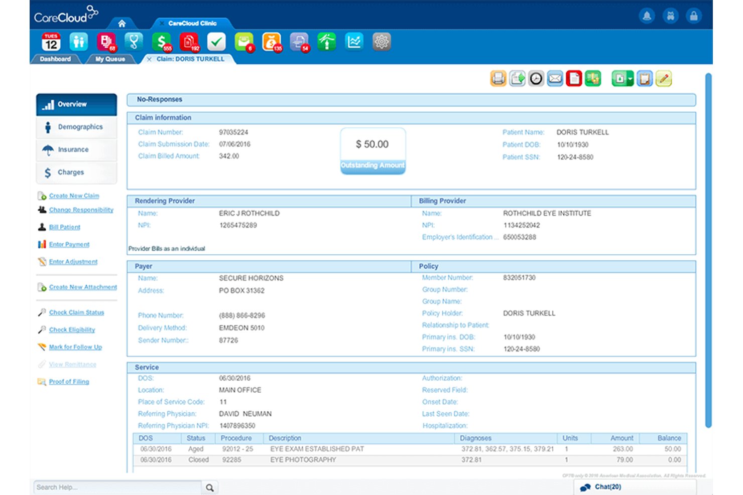 CareCloud offers a detailed claim overview screen displaying patient billing information, provider details, payer policy, and service line items with outstanding balances.