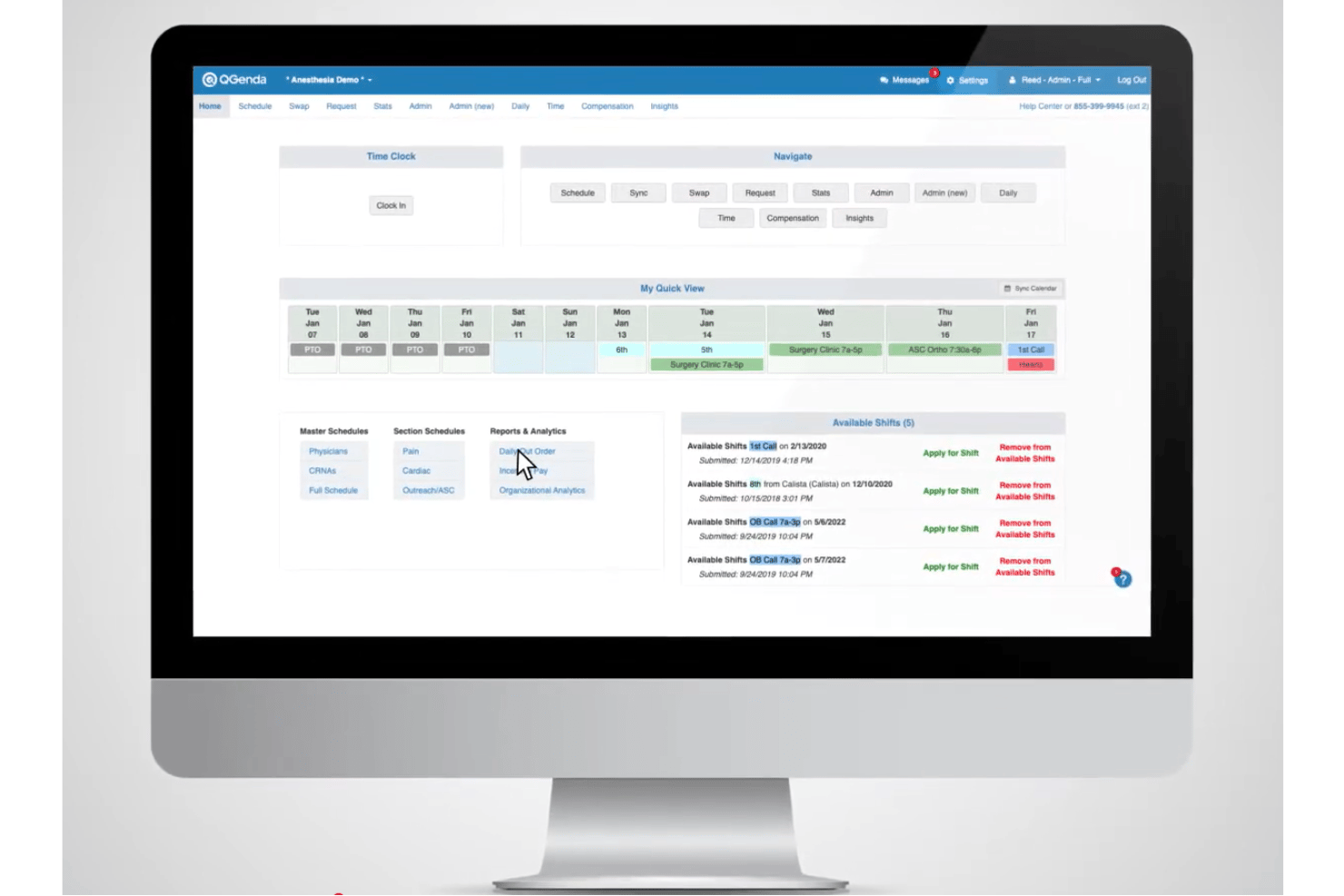 QGenda displays a home dashboard with a time clock, navigation shortcuts, a weekly quick view calendar, master/section schedules, reports and analytics links, and available shifts for staff to apply to.