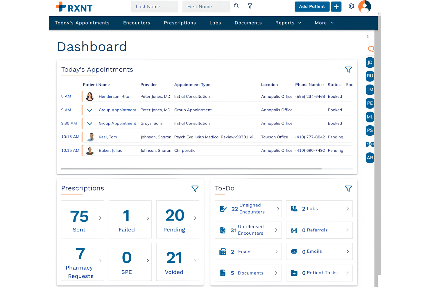 RXNT displays a centralized dashboard with today's appointments, prescription statuses, and a to-do panel for managing clinical workflows.