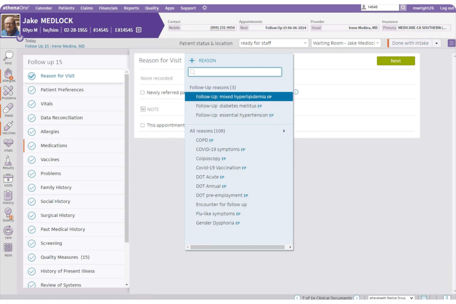 athenaOne displays a dropdown menu for selecting a reason for visit during patient intake, showing follow-up options for conditions like hyperlipidemia, diabetes, and hypertension.