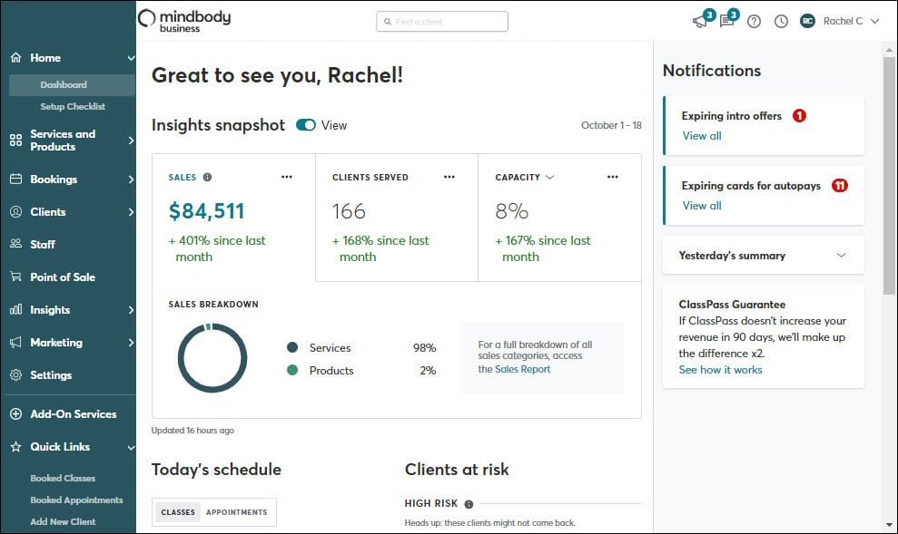 MindBody screenshot - 10 beste Physiotherapie-Software 2026