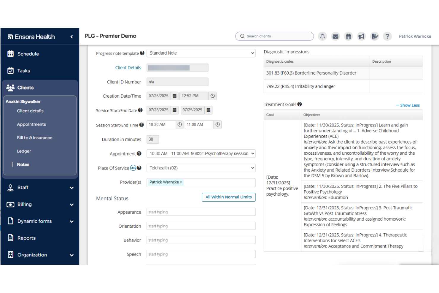 Ensora Health TheraNest screenshot - 10 Migliori software CRM conformi HIPAA nel 2026