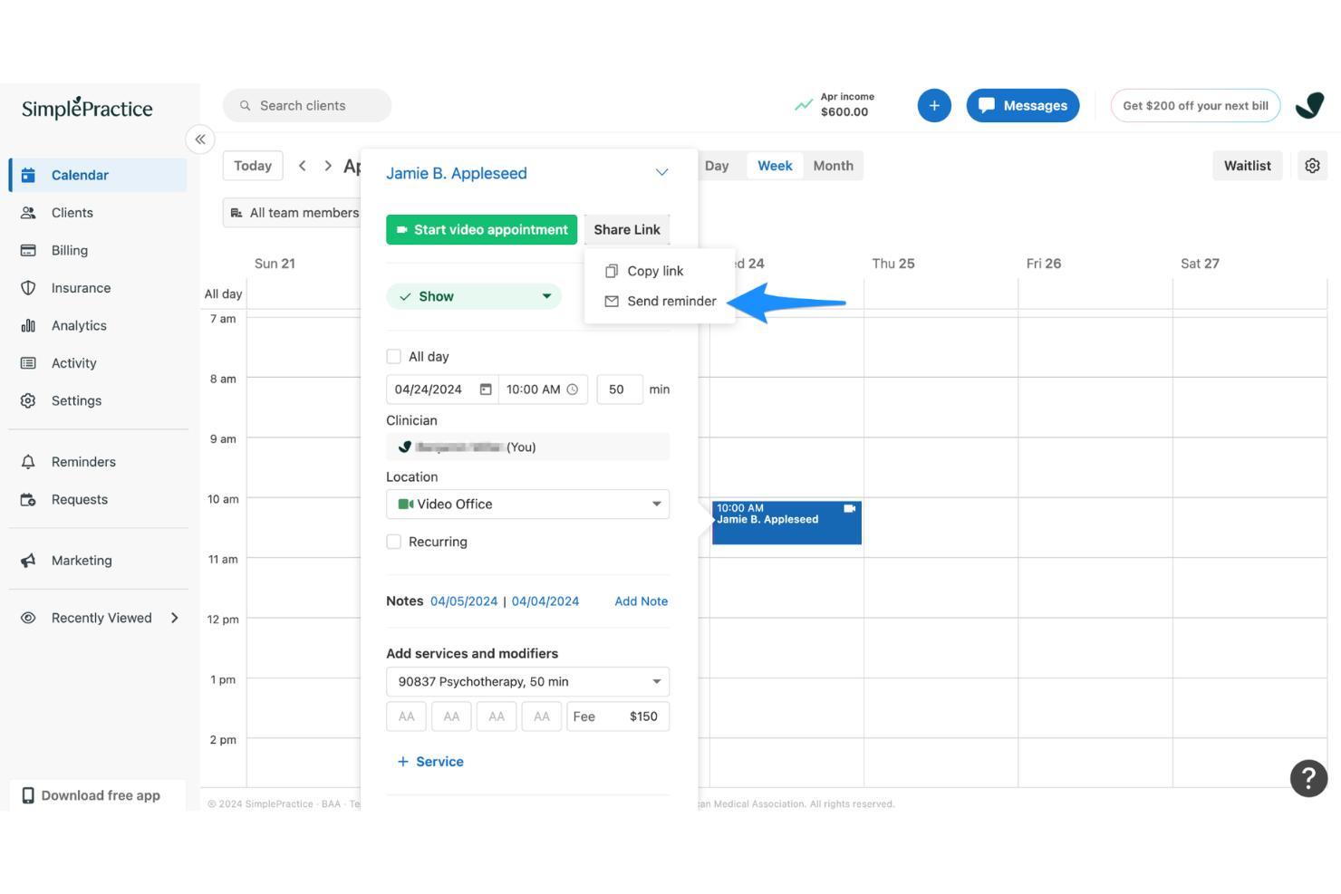SimplePractice screenshot - 10 Migliori software CRM conformi HIPAA nel 2026