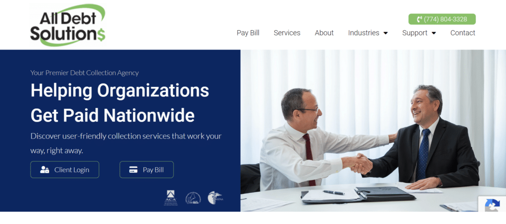 All Debt Solutions screenshot - 10 mejores servicios de cobranza médica de 2026