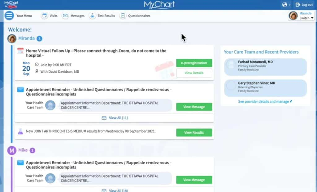 MyChart screenshot - 10 Mejores Sistemas Interactivos de Atención al Paciente en 2026