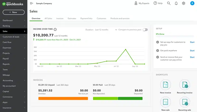 QuickBooks screenshot - 10 Mejores Programas de Contabilidad Médica Revisados para 2026