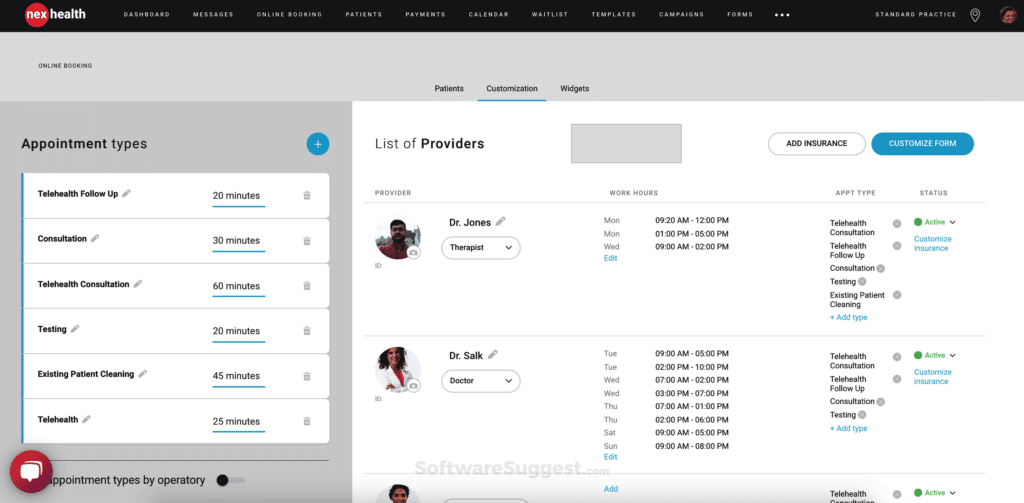 nexhealth software review showing appointment types and list of providers