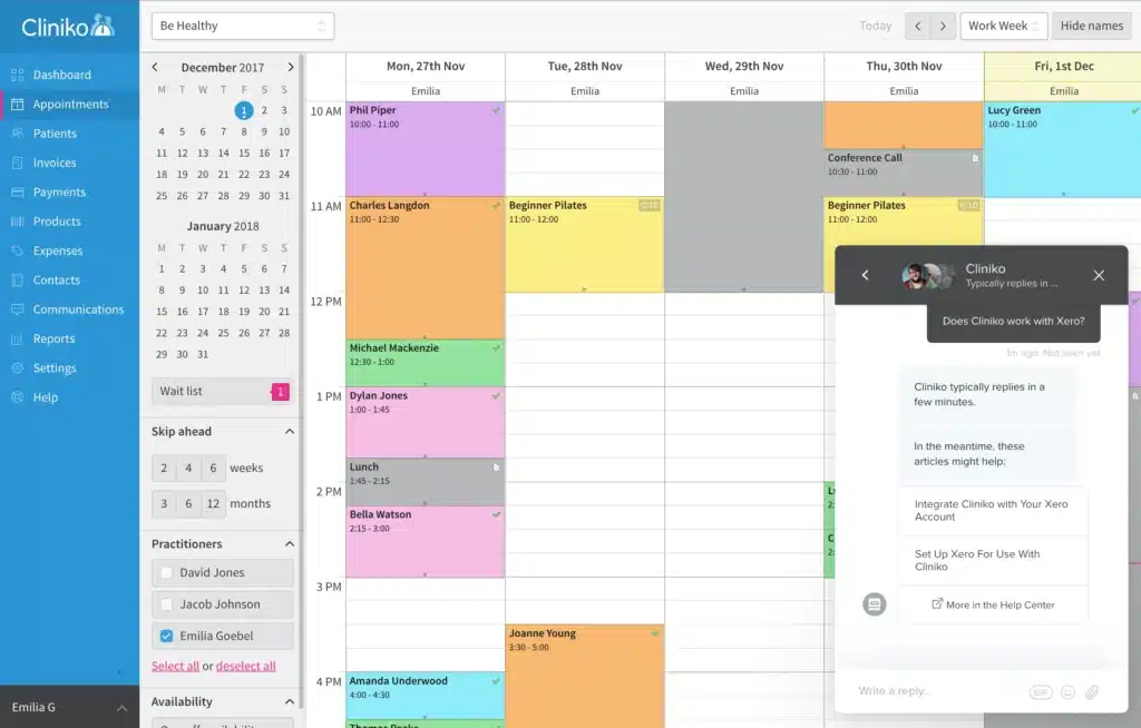 cliniko review showing appointment calendar
