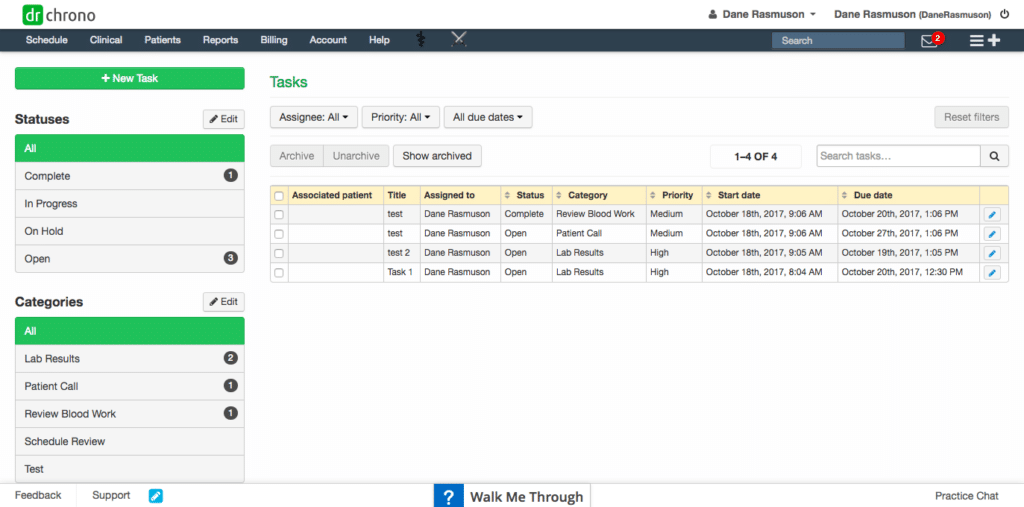 DrChrono review screenshot of doctor's tasks