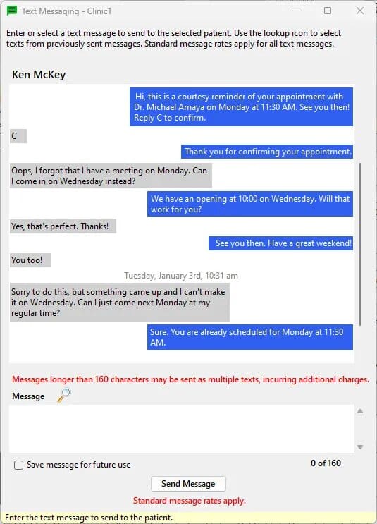 EZBis review screenshot of text messages reminder