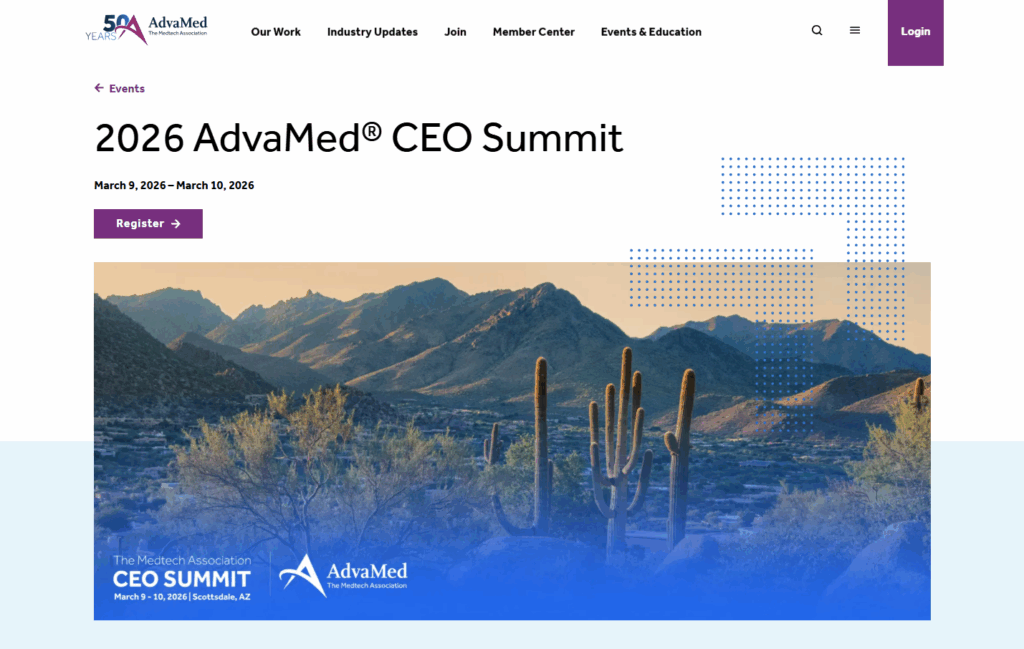 Screenshot of the 2026 AdvaMed® CEO Summit landing page