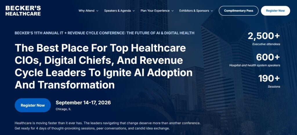 Landing page for the Becker's 11th Annual IT + Revenue Cycle Conference: The Future of AI &amp; Digital Health conference
