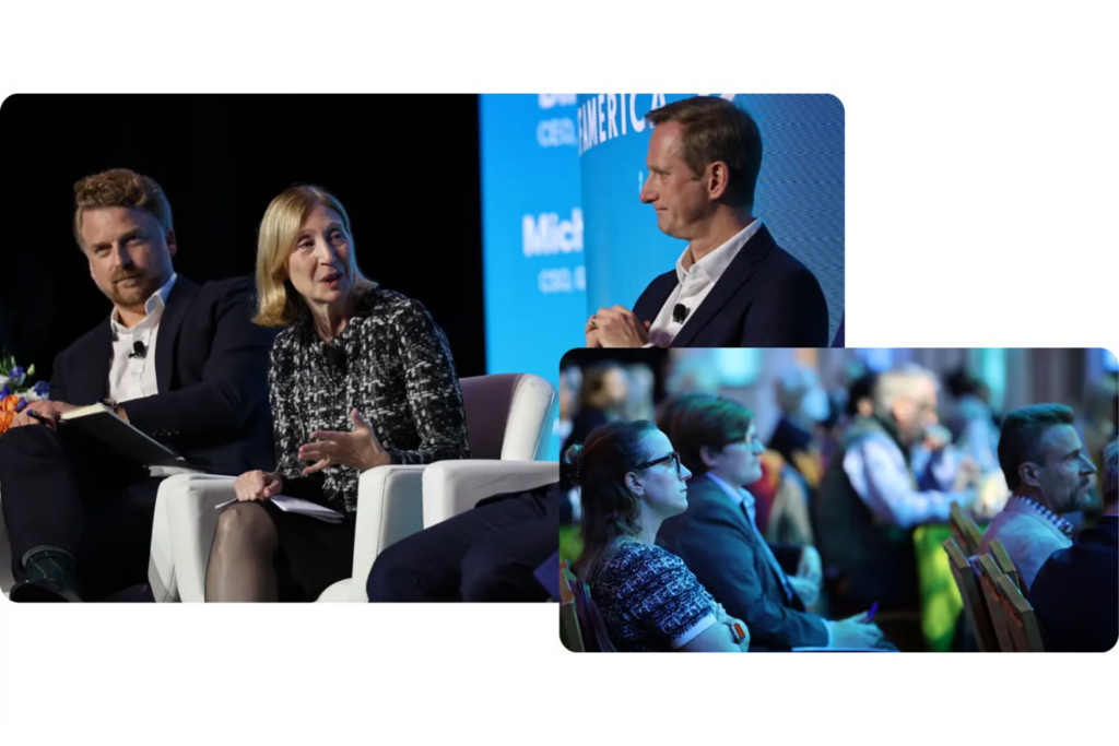 Industry leaders participate in a panel discussion while attendees engage with expert insights and networking opportunities at a business conference.