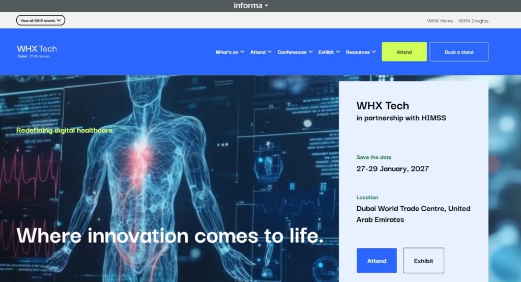 Landing page of the WHX Tech 2026