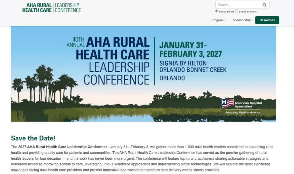 Homepage for the AHA Rural Health Care Leadership Conference 2027