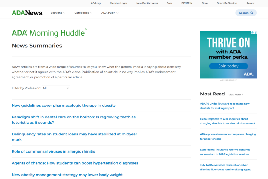 ADA Morning Huddle page showing recent dentistry and healthcare news summaries