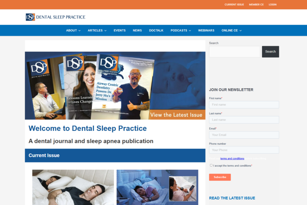 DSP homepage featuring sleep apnea articles and newsletter signup
