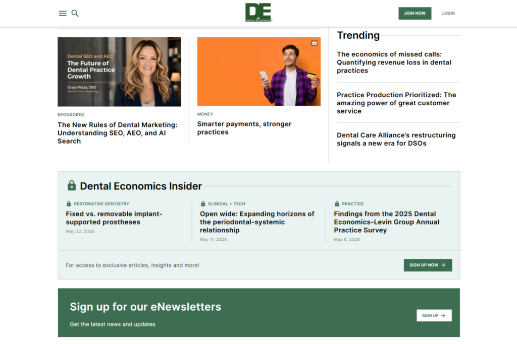 Dental Economics page featuring dental business, clinical, and practice articles