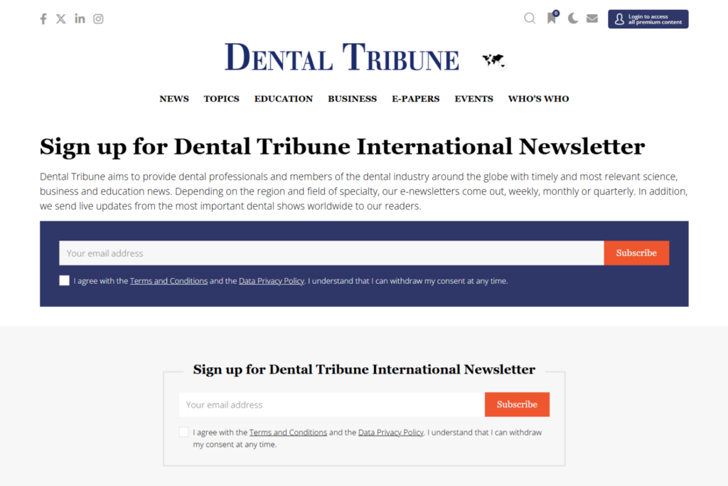 Dental Tribune International Newsletter sign-up page for global dental industry news