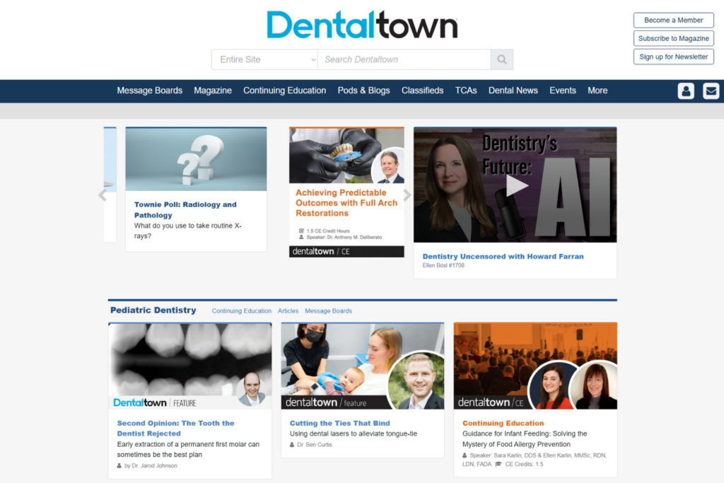 Dentaltown homepage showing dental articles, education, videos, and community content