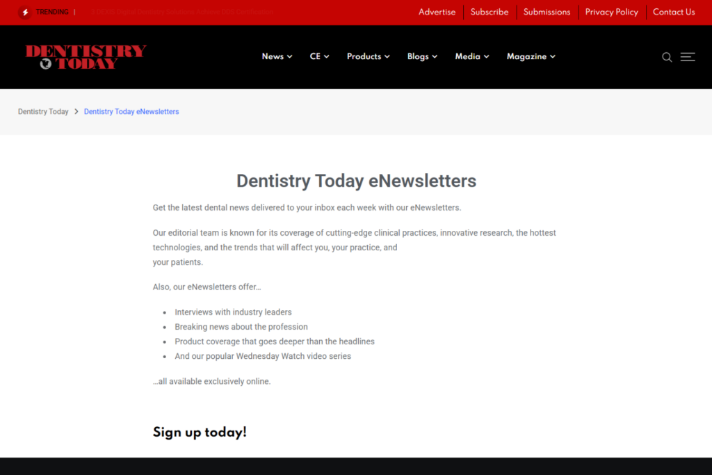Dentistry Today eNewsletter page outlining dental content for subscribers