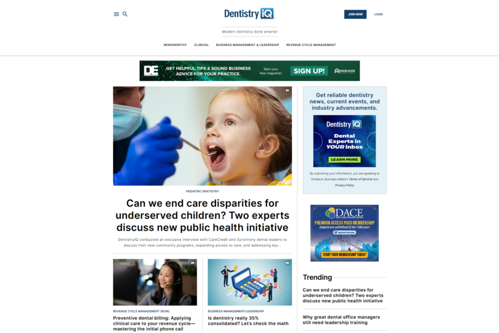 DentistryIQ homepage featuring pediatric care, billing, and dental business stories