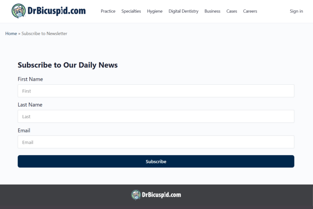 DrBicuspid newsletter subscription page with name and email fields